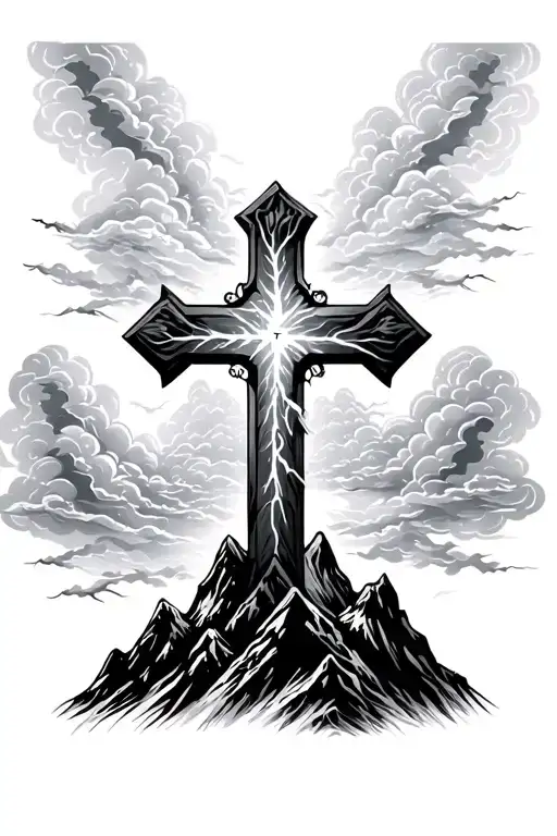 Cross Tattoo With Lightning And Clouds On A Mountain