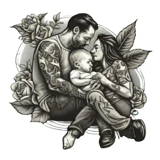 Mom And Dad With Two Toddlers And An Infant Sleeping