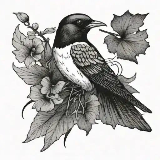 Black And White Tattoo With A Swallow Carrying A Ginko Leaf