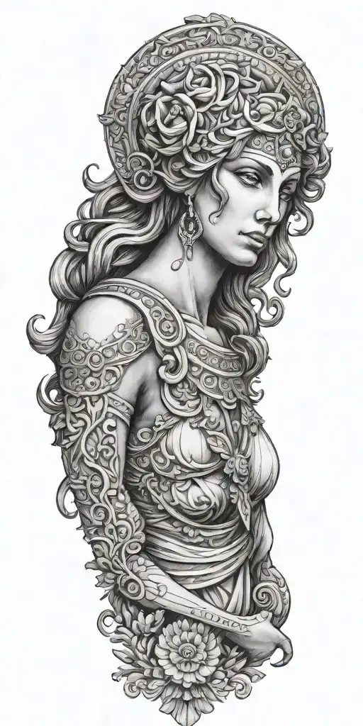 Full-front Side Of Greek Goddess With Hands Down