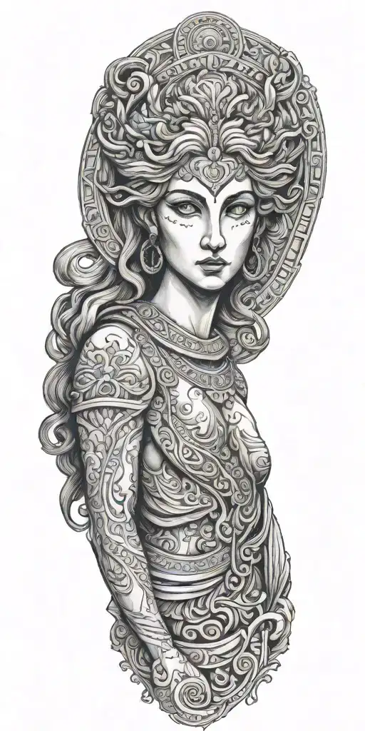 Full Front Faced View Of Greek Goddess With Hands Down