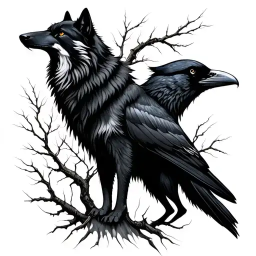 Wolf And Raven With Willow Tree Made
