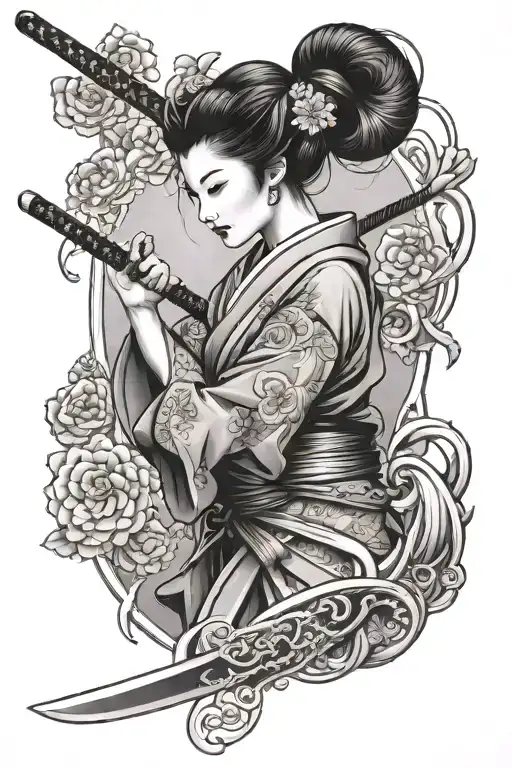 Geisha Samurai Holding Sword