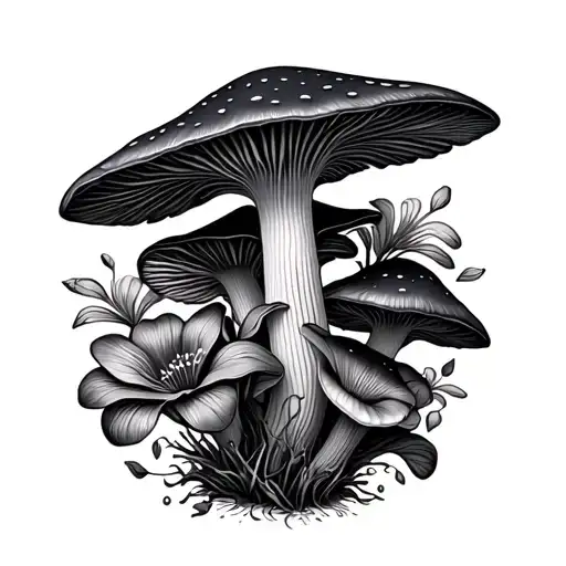 Dark Multiple Mushroom With Exotic Flowera