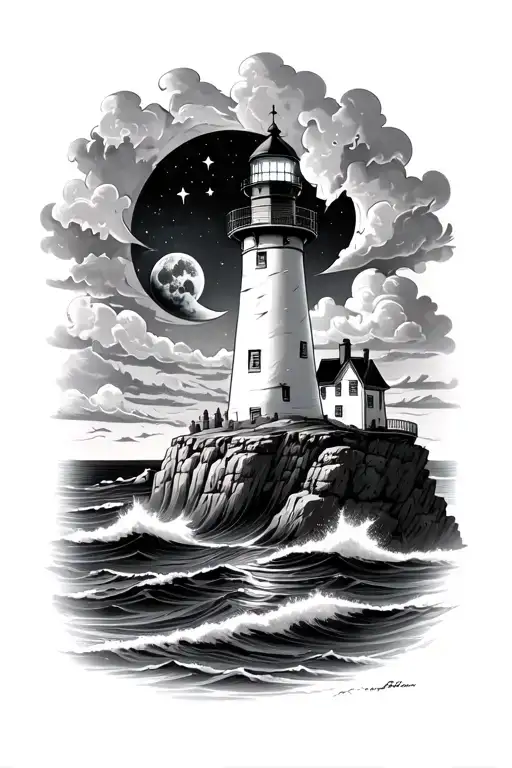 Stormy Sea Lighthouse Overlooking On Cliff Full Moon And Stars Between The Clouds