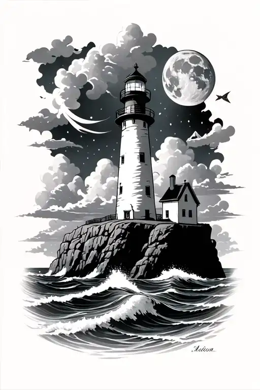 Stormy Sea Lighthouse Overlooking On Cliff Full Moon And Stars Between The Clouds