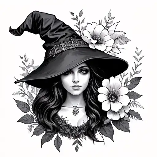 Witch And Flowers Old School Style Portrait