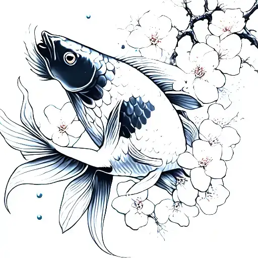 Koi Fish With Cherry Blossoms