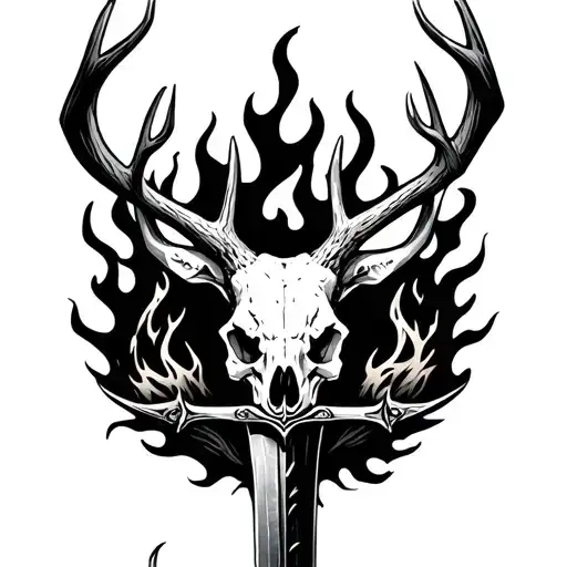 Sword Through Deer Skull Surrounded By Fire