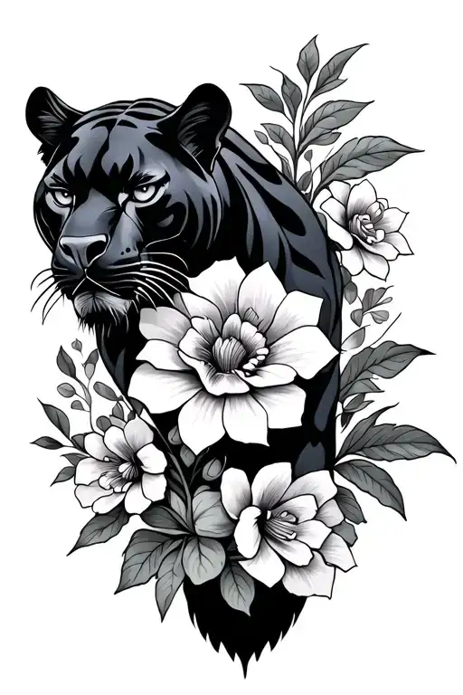 Black Panther With Flowers Intertwined In American Traditional Style