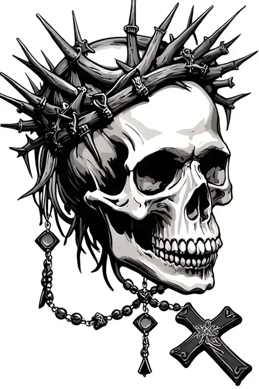 Skull With Thorn Crown Surrounded By Crosses With Rosary's