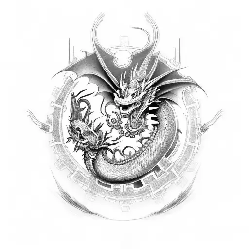 Design A Tattoo Featuring A Korean-inspired Dragon With Gears And Circuitry