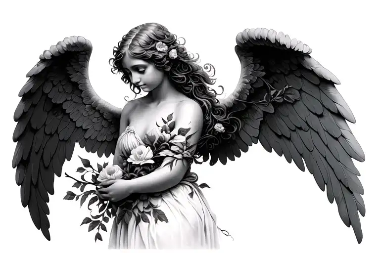 Angel With Vines Wrapping And Flowers