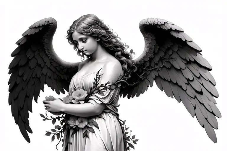 Angel With Vines Wrapping And Flowers