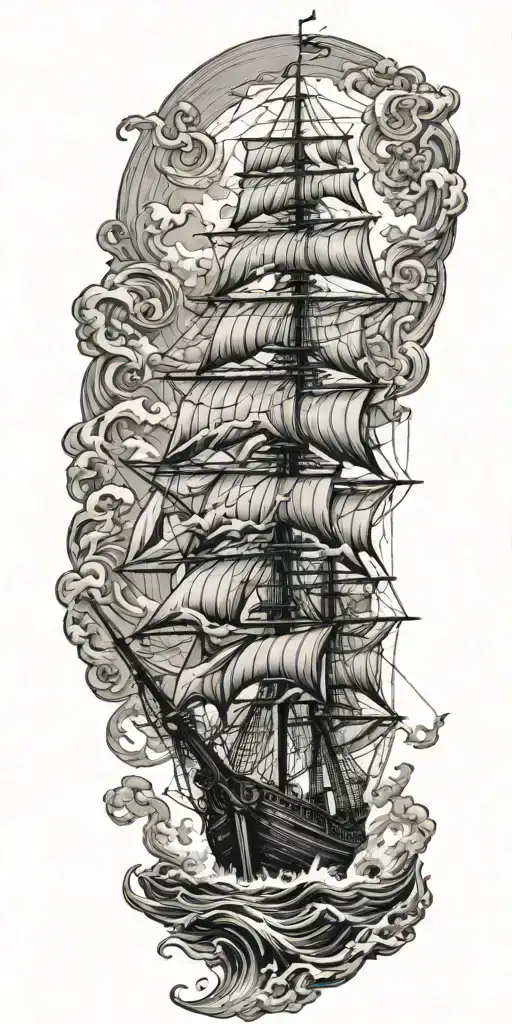 Pirate Ship Sailing Rough Seas Sea Monster