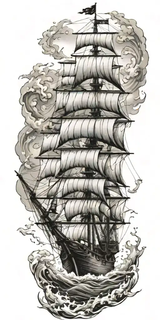 Pirate Ship Sailing Rough Seas Meramid On Front