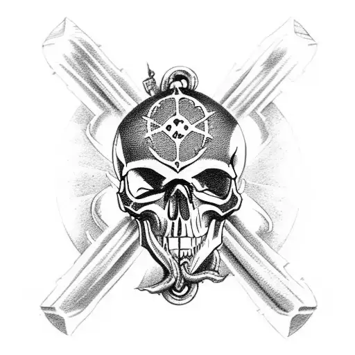 A Skull And Crossbones With A Sailing Boat Incorporated Into The Design