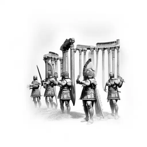 Roman Coliseum With Large Roman Soldiers In Front As Main Focus