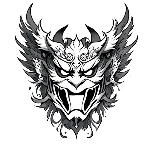 Oni Mask Tattoo On Arm And Phoenix In Chest Men Tattoo Half Sleeve Design