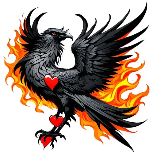 Black Phoenix With A Red Heart And Orange Flames