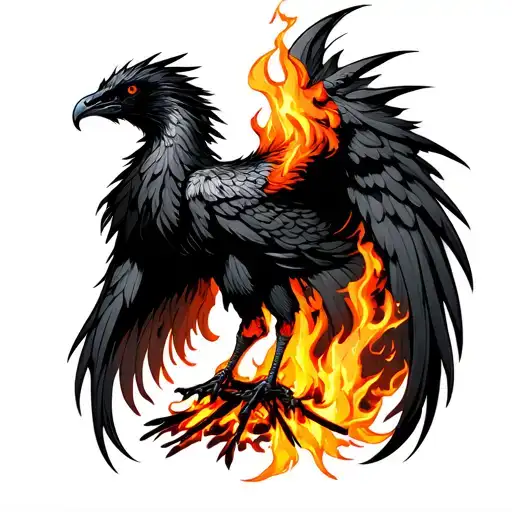 Black Phoenix From The Front Which Is Reborn From These Ashes And Orange Flames On A Pyre