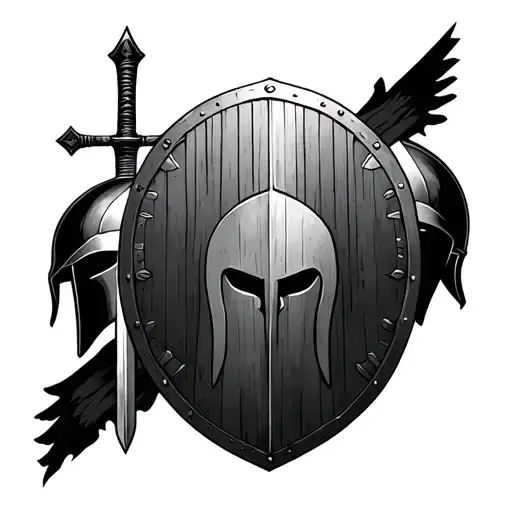 Spartan Shield With A Sword Behind It In Between Two Spartan Helmets