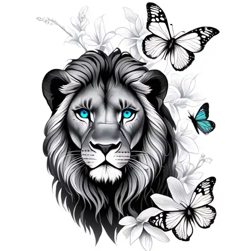 Female Lion With Blue Eyes Surrounded By Orchids And Butterflies And Line Work