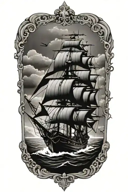 Black Flag Pirate Ship Sailing Through A Sea