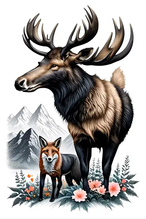 Mountains With Moose And Fox And Flowers Blooming