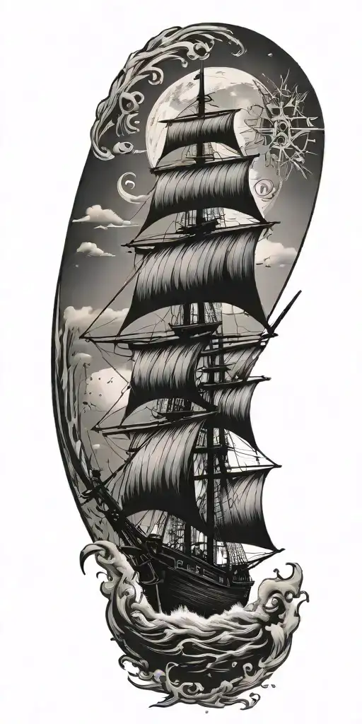 Small Pirate Ship Stormy Seas Compass Rose Falling Moon