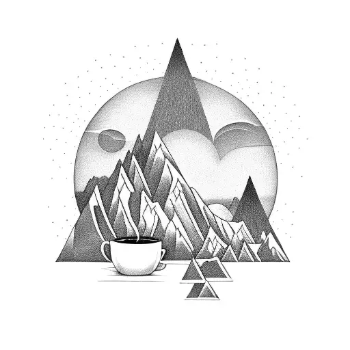 A Tribal-inspired Mountain Range With A Coffee Cup As The Centerpiece