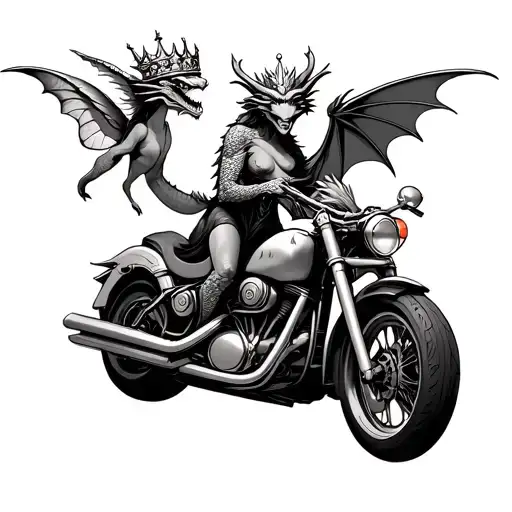 Dragon Protecting A Crown From A Fairy Riding A Motorbike