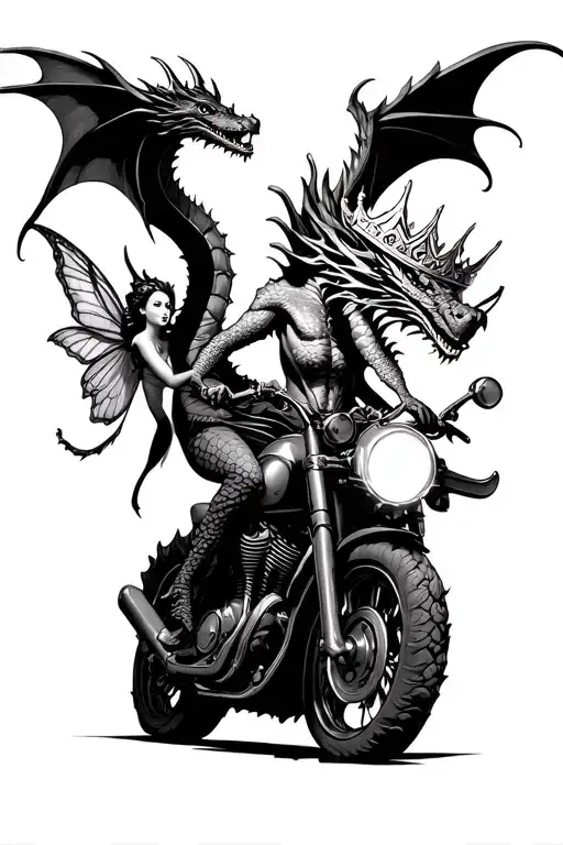 Dragon Protecting A Crown From A Fairy Riding A Motorbike