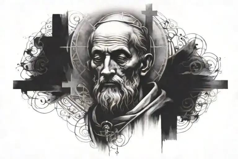 A Black And Grey Portrait Of A Religious Figure With Subtle Cross Details