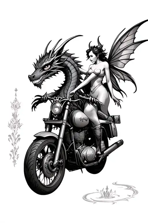 Dragon Protecting A Crown From A Fairy On A Motorbike