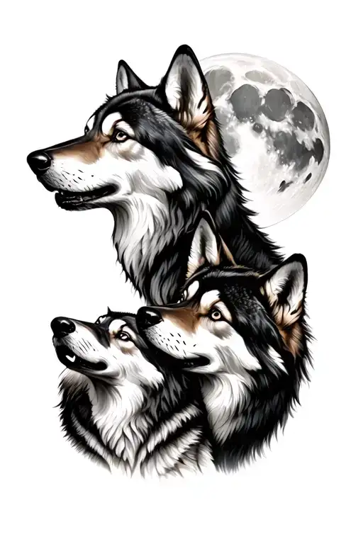 Family Of 4 Wolves Howling At The Moon