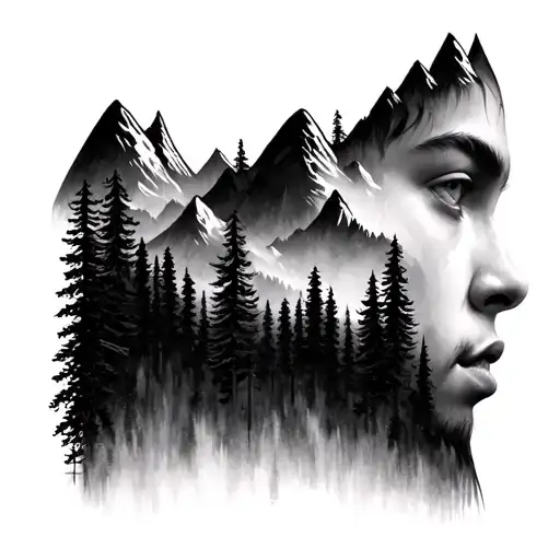 Face Profile With Forest Mountains Inside