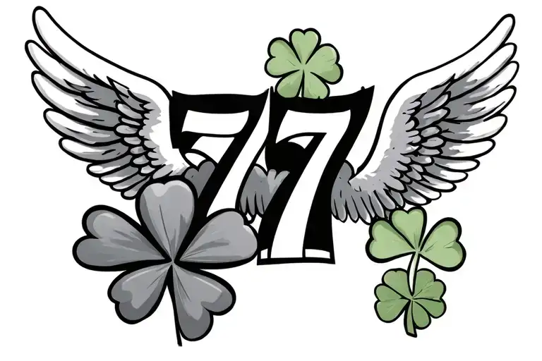 Angel Number 777 With A Clover Leaf On The Top Right And And Clover Leaf On The Bottom Right