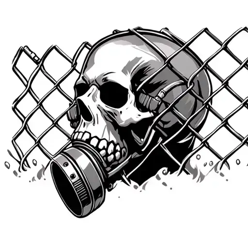 Skull Wearing Gas Mask Behind Fence Negative Space