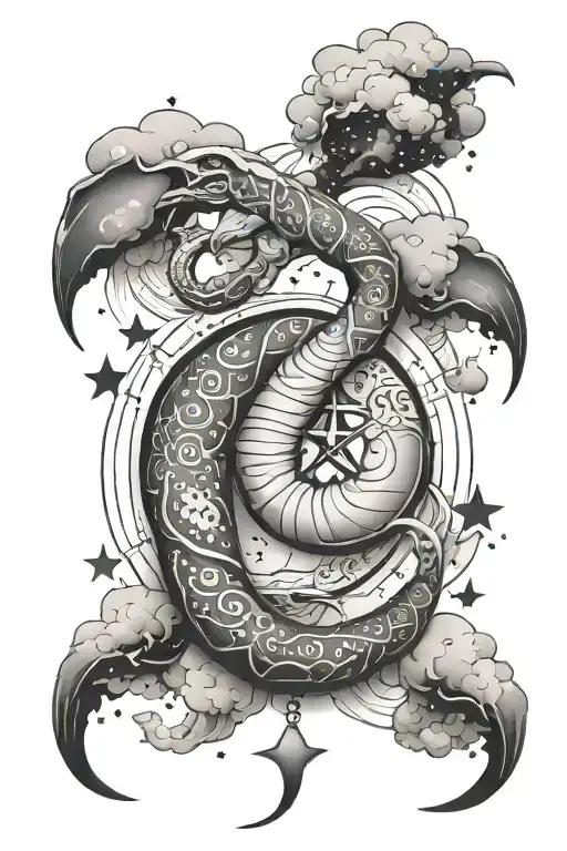 Big Feminine Cancer Zodiac Sign With Clouds And Shading And Stars