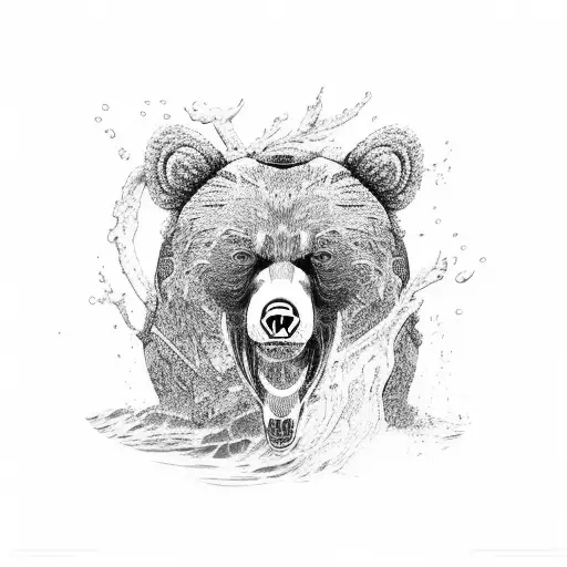 A Camouflage-patterned Bear Catching A Fish In Its Mouth While Standing In A Rushing River