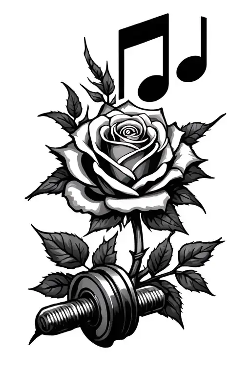 Rose And Dumbell And Music Play Button And Thorns