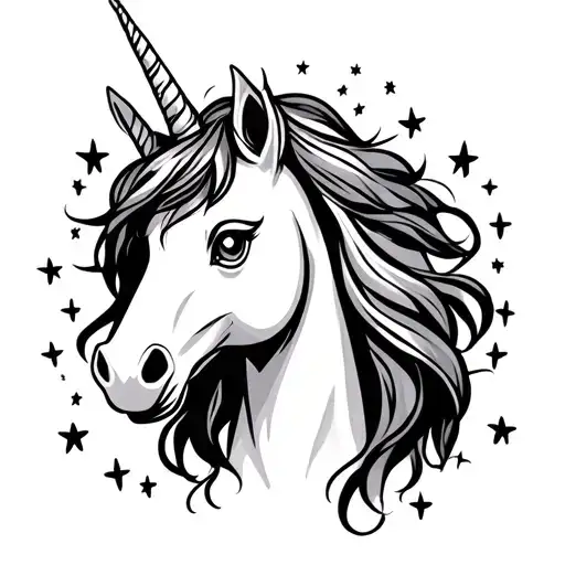 Unicorn In 1 Line Without Filling With Stars Around