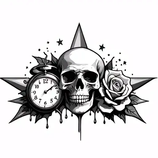 Stars And Skull With Rose And Clock Melting