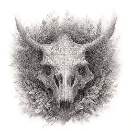 Triceratops Skull Adorned With Plants Intertwined