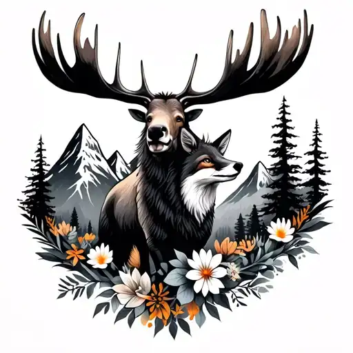 Mountains With Moose And Fox With Flowers