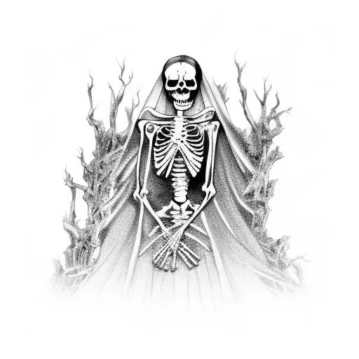 Skeleton Woman In Wedding Dress And Veil Stuck In Dead Tree Trunk