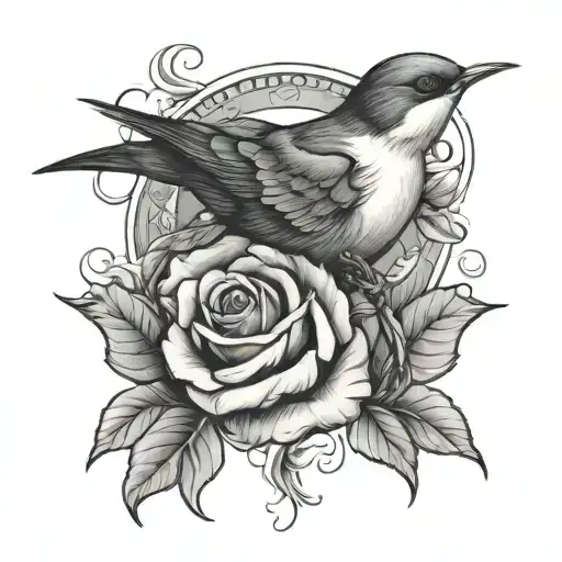 Swallow Bird Holding A Rose Intertwined Within