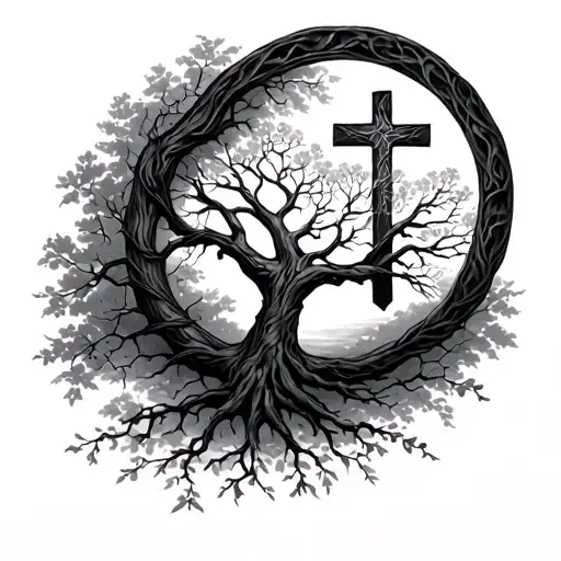 Cross And Tree Of Life Intertwined