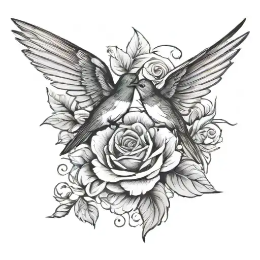 Swallow Birds Flying With Rose Intertwined